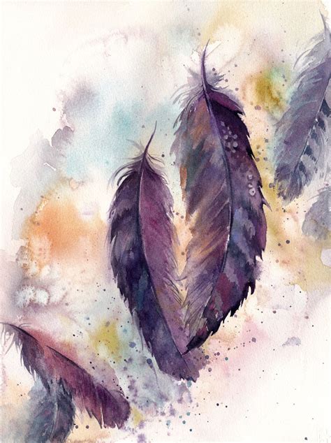 Feathers Original Watercolor Painting Purple Feathers Painting Of