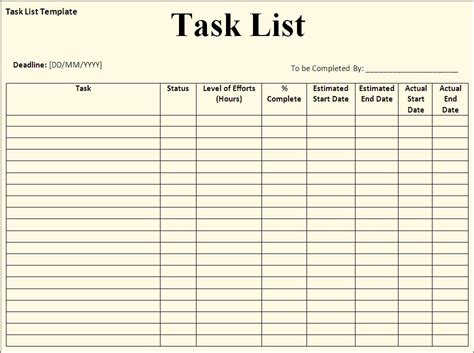 Project Task List Template Excel Free Task List List Template Templates