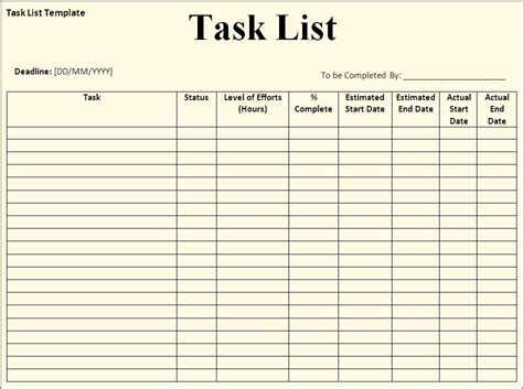 Task List Template Free Formats Excel Word