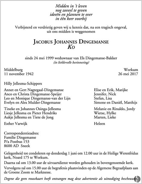 Jacobus Johannes Ko Dingemanse Overlijdensbericht En