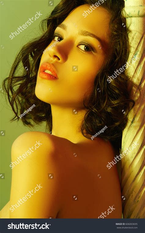 Beauty Nude Body Woman Colored Spotlights Stock Photo