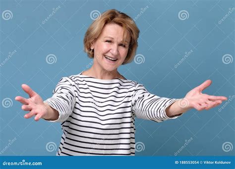 Woman Raised Up Palms Arms Hands At You Welcoming Her Friends Stock