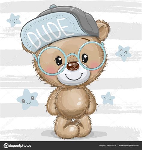 Cartoon Teddy Bear With A Blue Cap And Glasses — Stock Vector