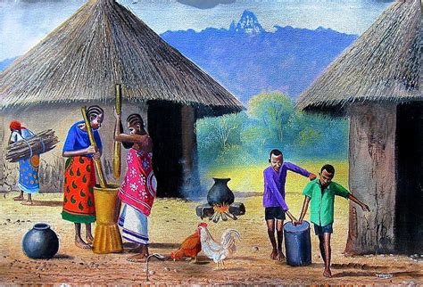 African Village Painting Village Chores By Jane Wanjeri Village Scene