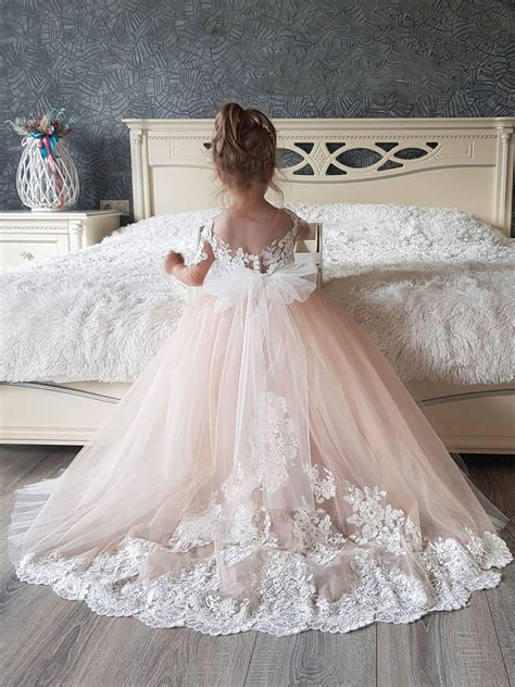 Boho Long Princess Tulle Lace Flower Girl Dresses With Sleeves