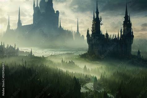 Majestic Fantasy Gothic Castle In The River Valley Fantasy Backdrop