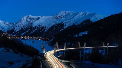 Mountains Road Night Snow Snowy Mountain Light Trails Viaduct