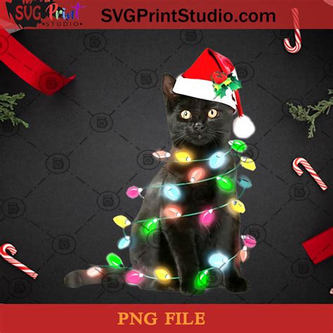 Black Cat Christmas Light Tshirt Funny Cat Lover Christmas Png Cat Png