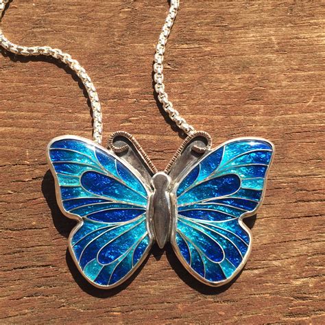 Hand Crafted Cloisonne Enamel Butterfly Necklace Blue Morpho Butterfly