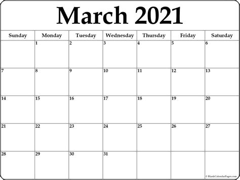 March 2021 Calendar Printable Monthly Template