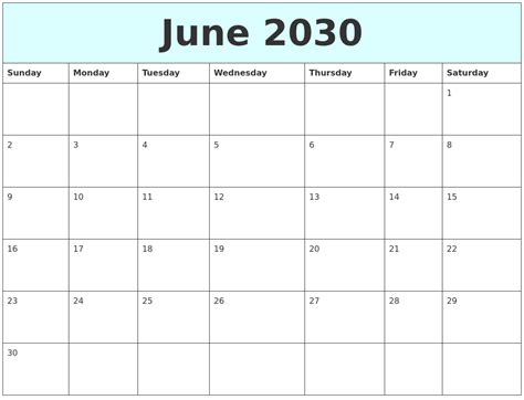 June 2030 Free Calendar