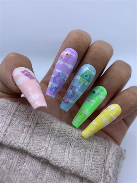 care bears press on nails with glue rainbow nails etsy