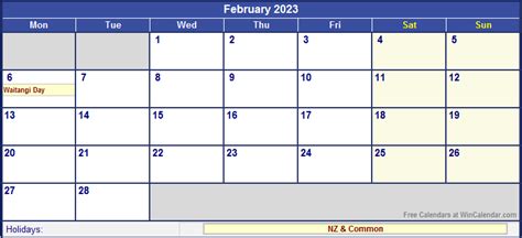 February 2023 New Zealand Calendar With Holidays For Printing Image
