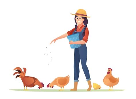 Premium Vector Illustration Of A Female Farmer Feeding Chickens