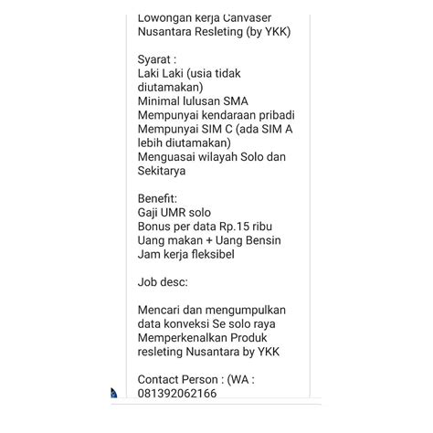 Lowongan kerja bekasi kali ini mencakup untuk perusahaan besar, kecil, karyawan swasta, hingga negeri. Lowongan Kerja Konveksi Canvaser di Solo - INFO LOKER SOLO