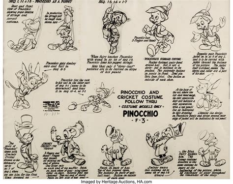 Pinocchio Jiminy Cricket And Pinocchio Studio Model Sheet Walt Lot
