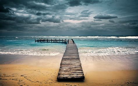 Nature Landscape Beach Sand Sea Dock Waves Clouds Honduras Tropical Pier Sky
