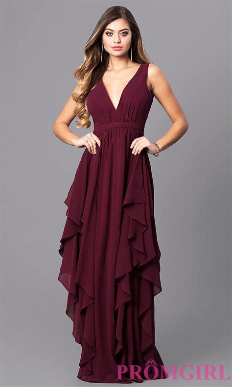 Long V Neck Wine Red Prom Dress With Ruffles Red Prom Dress Dresses