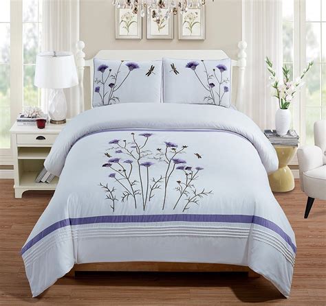 Fancy Linen 3pc Embroidery Queen Off White Purple Lavender Duvet Cover