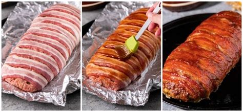 Slice meat loaf and serve with extra glaze passed separately. Bacon wrapped around meatloaf and brushed with sauce, before and after bring cooked | Delicious ...