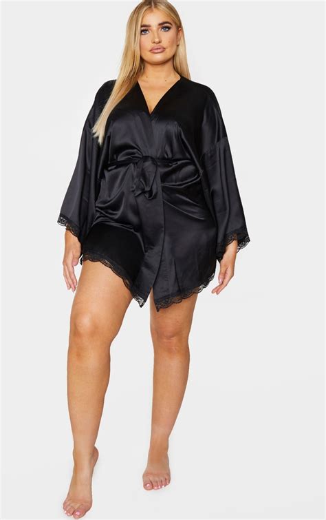 Plus Black Lace Trim Satin Robe Plus Size Prettylittlething Usa