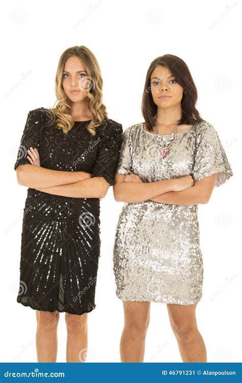 Two Woman Stand Next To Each Other Shiny Dresses Stock Image Image Of
