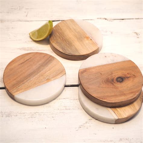 Wood And Marble Drink Coasters Set Four By Za Za Homes