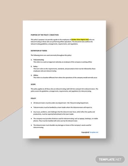 Free Editable Telecommuting Policy Template Word Doc