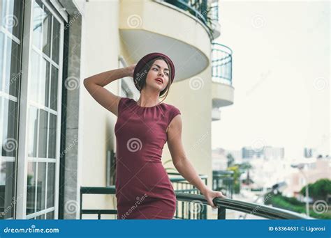 Stunning Lady In Dark Red Dress Posing Standing On Stock Image Image Of Fashion People 63364631