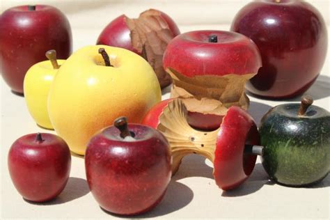 vintage primitive country decor, rustic wooden apples, carved wood 