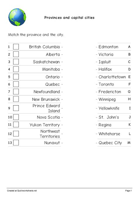 Provinces And Capital Cities Matching Pairs Worksheet Quickworksheets