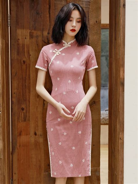 Pink Striped Midi Cheongsam Qipao Party Dress Cozyladywear