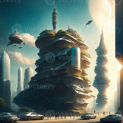 Concept Art Future City Building Tower At Outer Space Generative Art