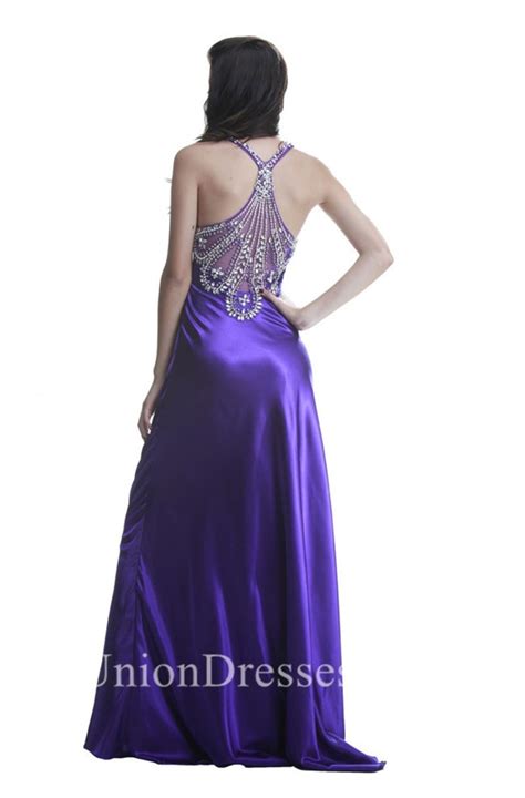 Sheath Sweetheart Long Purple Silk Beaded Prom Dress With Straps