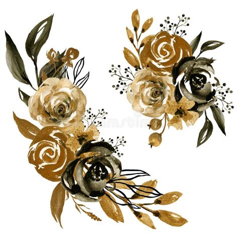 Watercolor Gold And Black Illustration Rose Wild Flower Herb Leaves