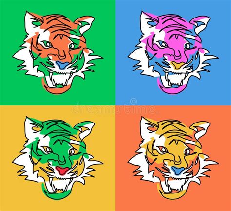 Pop Art Tiger Head Set One Continuous Line Art Drawing Of The Tiger