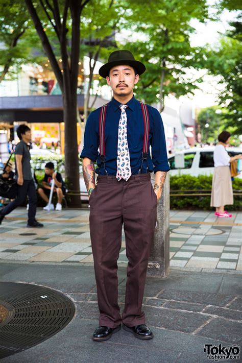Japanese Barber In Dapper Harajuku Street Style W Hat Suspenders Dress Shoes And Tattoos