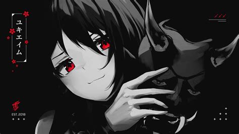 Red Eyes Yuki Aim Face Looking At Viewer Anime Girls Black
