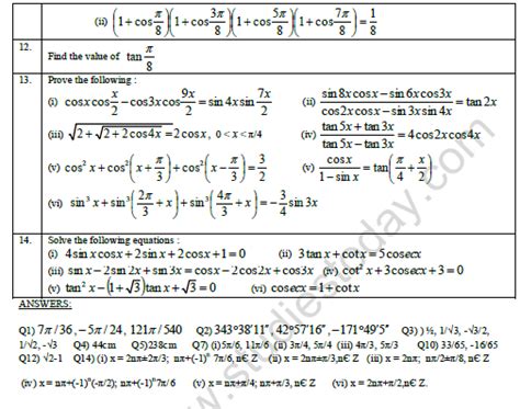 Cbse Class 11 Mathematics Trigonometric Functions Worksheet Set B