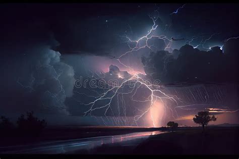 Nighttime Thunderstorm With Lightning Illuminating The Sky And