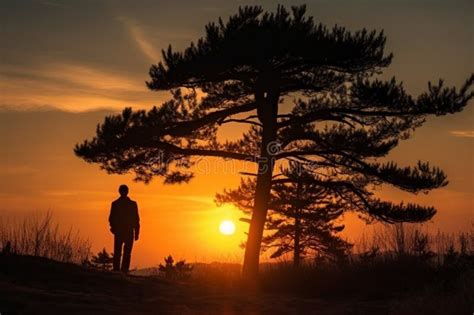 Silhouette Of A Man And A Pine Tree In The Sunset Stock Illustration