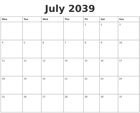 July 2039 Blank Calendar Template