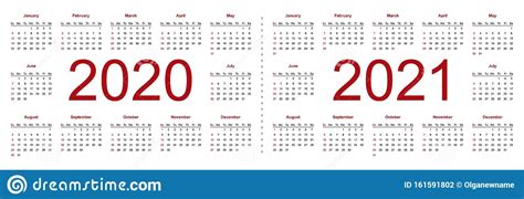 Set Of Minimalist Calendars Years 2020 2021 Weeks Start Sunday Stock