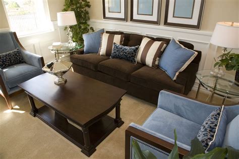 Living Room Interior Design In Dark Brown And Blue One Dark Brown Sofa