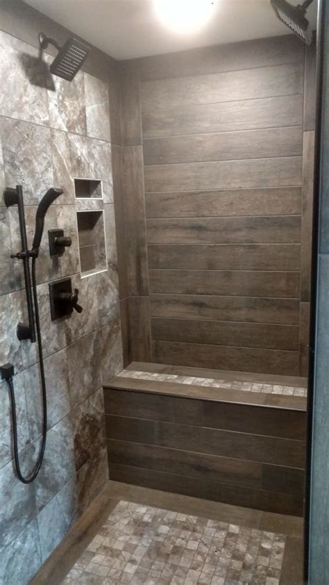 In this walk in shower bathroom design, you have one style of shower tile bathroom shelving (see also bathroom shelf ideas) located directly adjacent to the shower itself is both convenient and a great. Rustic walk-in shower | Bathroom remodel shower, Shower ...
