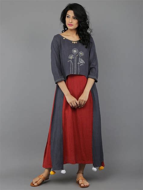 Grey Red Full Length Khadi Dress Clothes For Women Kurti Designs