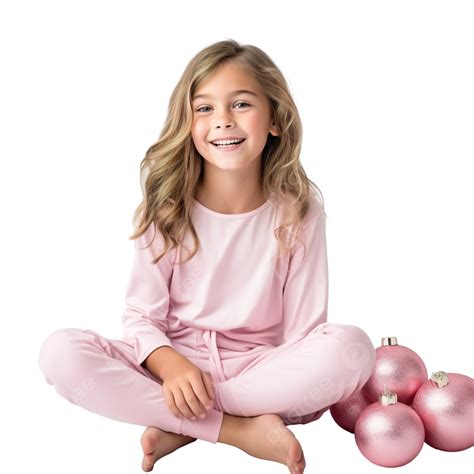 Happy Cheerful Young Girl In Pink Pajamas Sitting On The Floor Playing