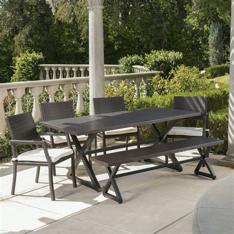 Outdoor 6 Piece Aluminum Dining Set With Bench And Wicker Dining Chairs