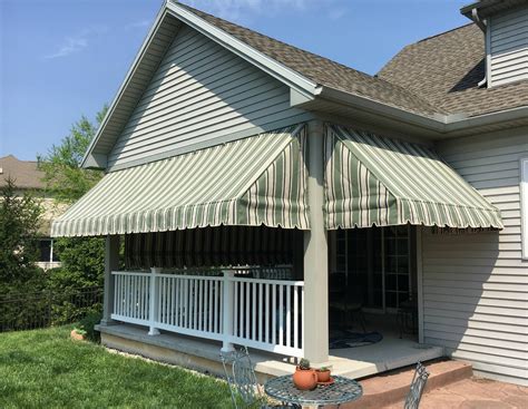 Green Striped Porch Awnings With A Drop Curtain Kreiders Canvas