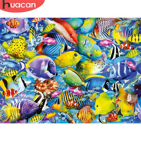 Huacan Diy Diamond Painting 5d Full New Fish Cross Stitch Kit Wall